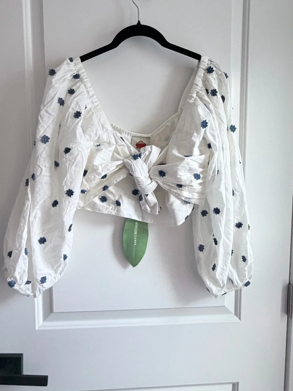 Farm Rio White Tie-Front Puff Sleeve crop Top with Blue Floral Embroidery